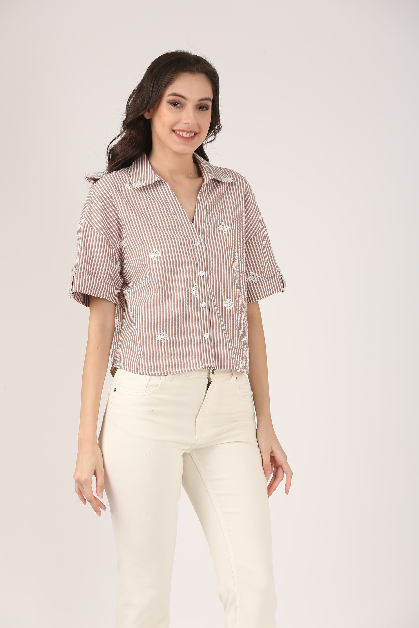 Cotton Brown Striped Embroidered Short Sleeve Shirt