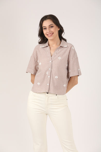 Cotton Brown Striped Embroidered Short Sleeve Shirt