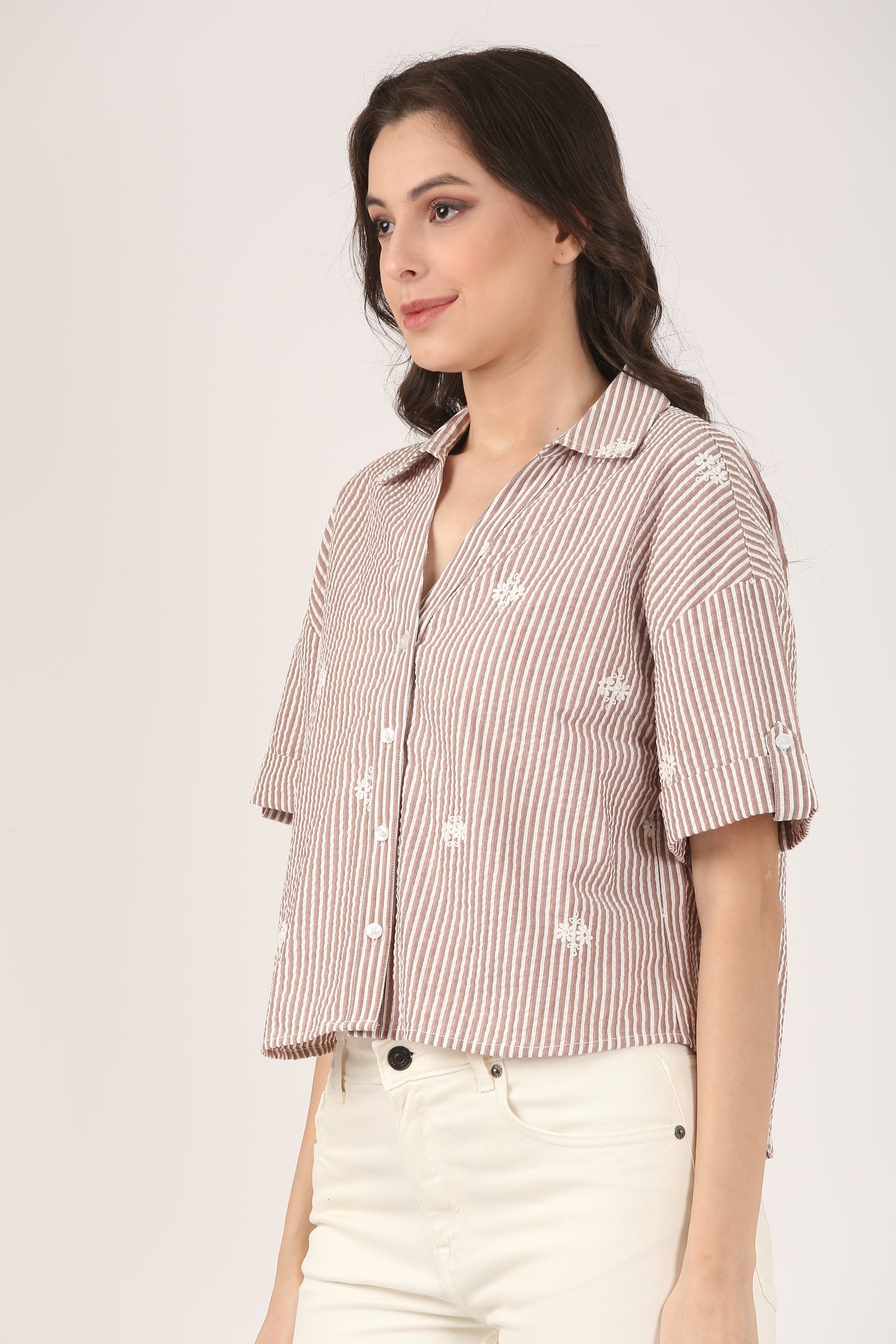 Cotton Brown Striped Embroidered Short Sleeve Shirt