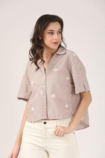 Cotton Brown Striped Embroidered Short Sleeve Shirt
