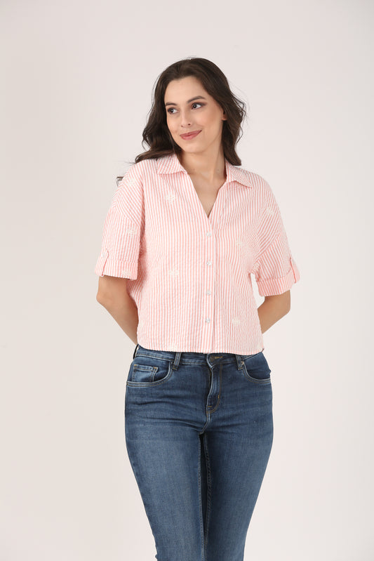Cotton Peach Striped Seersucker Embroidered Short Sleeve Shirt