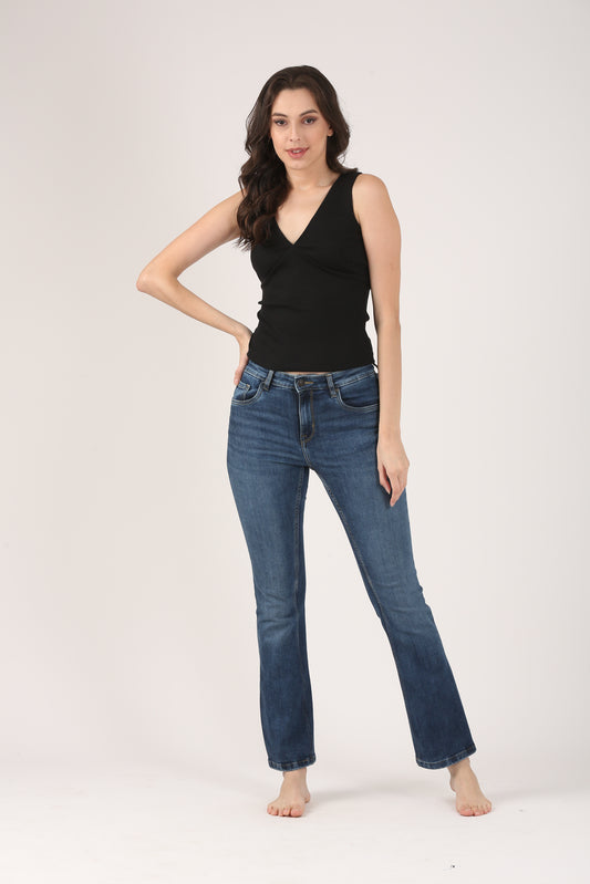 Soft Cotton Rib Elegant V Neck Black Top