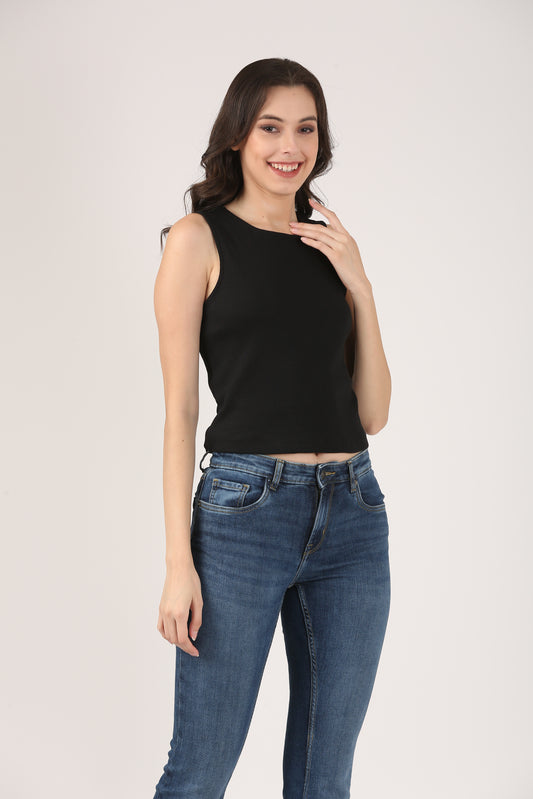 Soft Cotton Rib Sleeveless Black Top