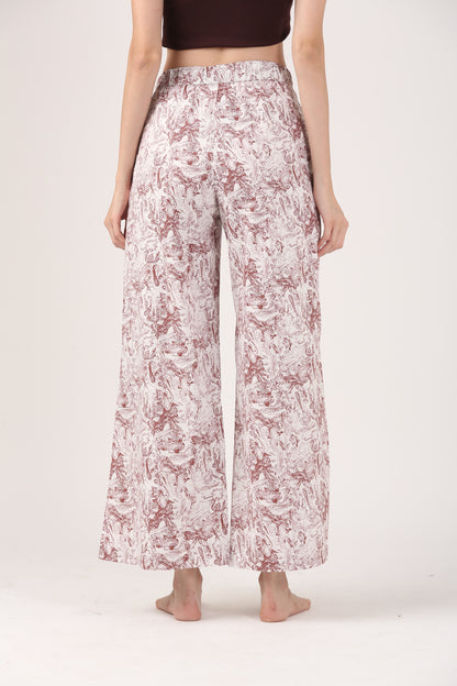 Cream & Rust Viscose Flare Pant - Casual Wide Leg Trousers