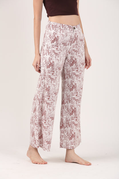 Cream & Rust Viscose Flare Pant - Casual Wide Leg Trousers