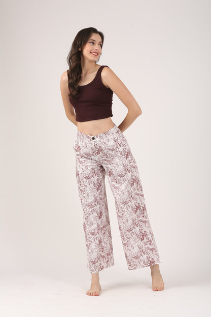 Cream & Rust Viscose Flare Pant - Casual Wide Leg Trousers