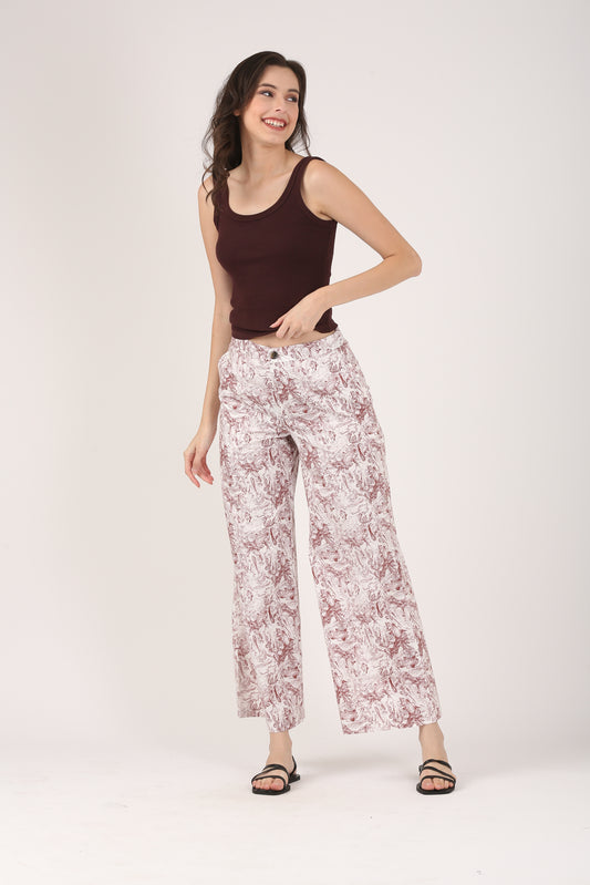 Cream & Rust Viscose Flare Pant - Casual Wide Leg Trousers