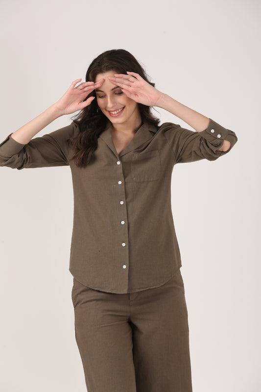 Olive Linen Lapel Shirt