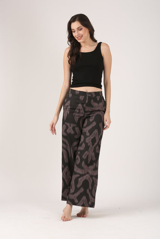 Midnight Ikat Viscose Flare Pant - Casual Wide Leg Trousers