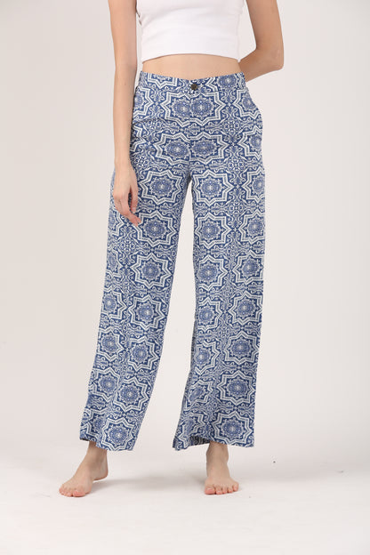 Santorini Blue Flare Viscose Pant – Casual Wide Leg Trousers