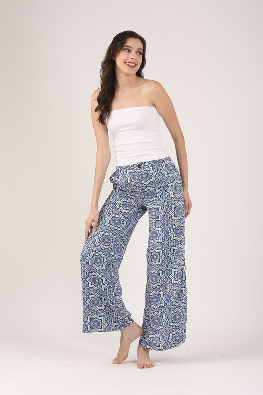 Santorini Blue Flare Viscose Pant – Casual Wide Leg Trousers