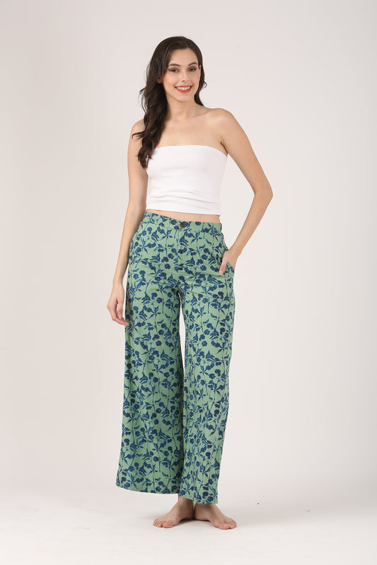 Sea Green Flare Viscose Pant - Casual Wide Leg Trousers