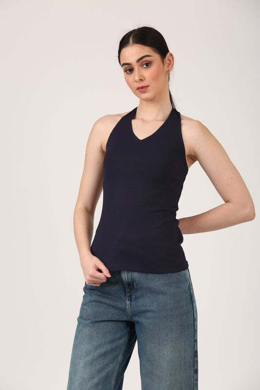 Navy Halter Neck Fitted Tank Top