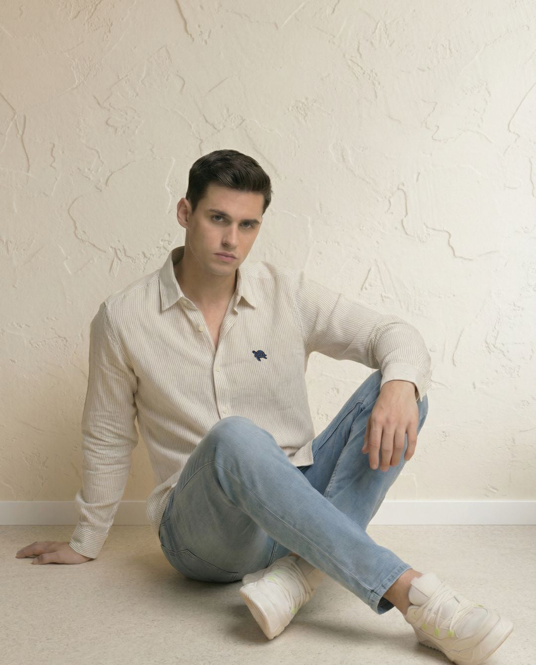 Beige Stripes Full Sleeve Linen Men's Shirt