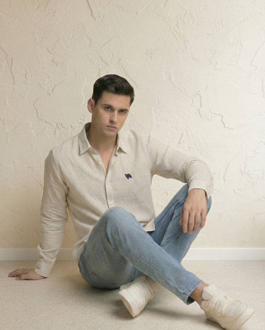 Beige Stripes Full Sleeve Linen Men's Shirt