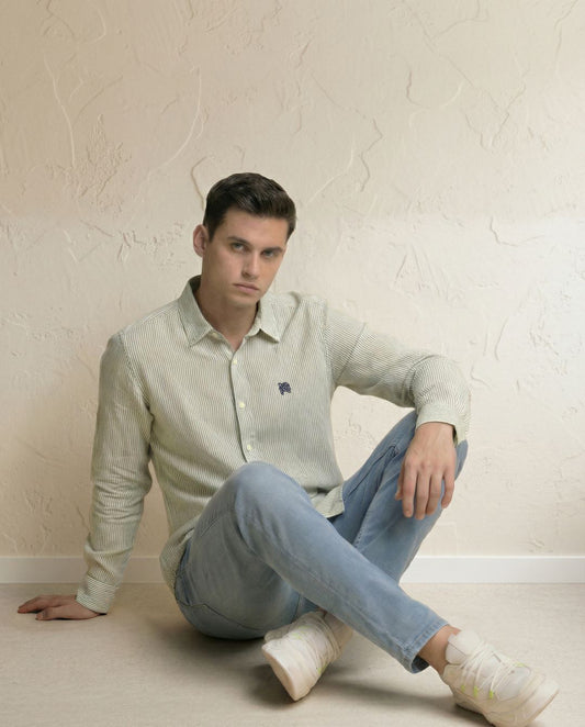 Green Small Stripes Full Sleeve Soft Linen Men's Shirt