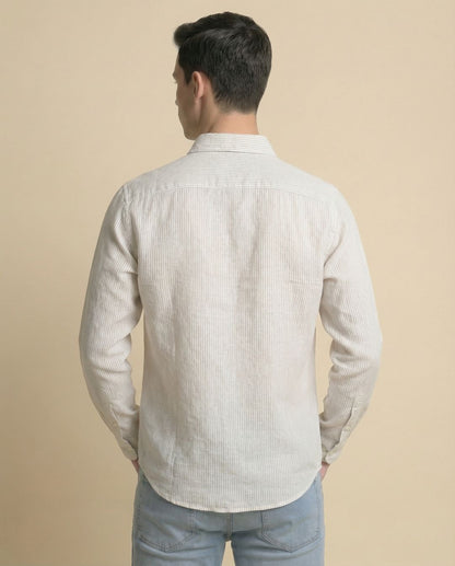 Beige Stripes Full Sleeve Linen Men's Shirt