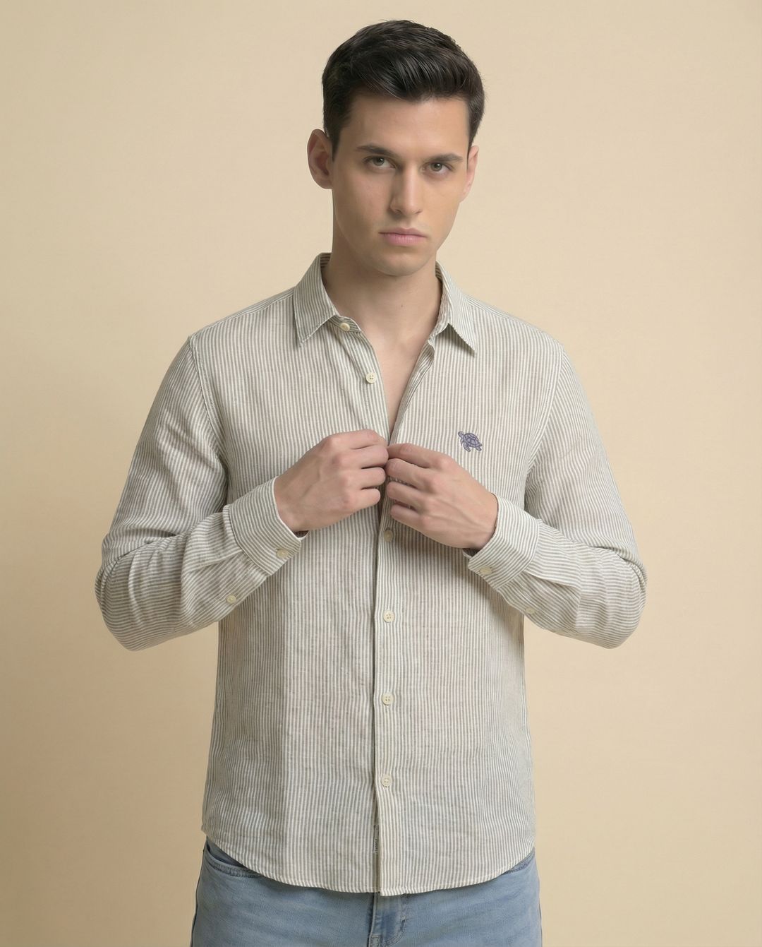 Green Small Stripes Full Sleeve Soft Linen Men's Shirt