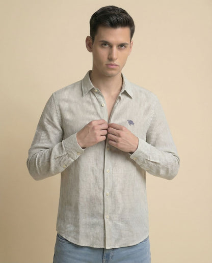 Green Small Stripes Full Sleeve Soft Linen Men's Shirt