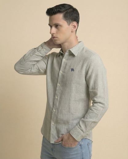 Green Small Stripes Full Sleeve Soft Linen Men's Shirt