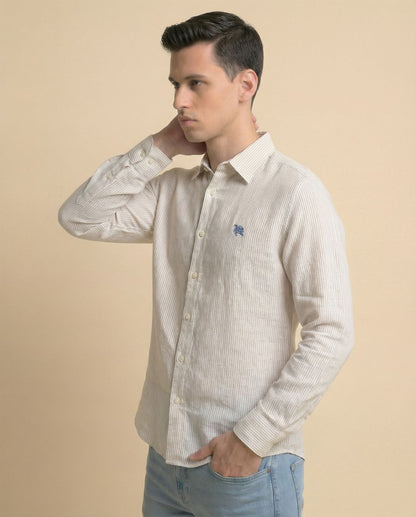 Beige Stripes Full Sleeve Linen Men's Shirt
