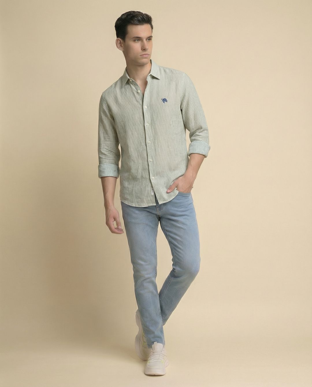 Green Small Stripes Full Sleeve Soft Linen Men's Shirt