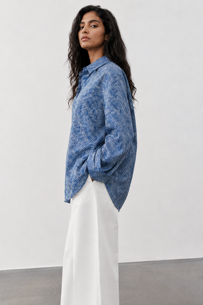 Maya Blue Wave Print Oversized Button-Down Shirt