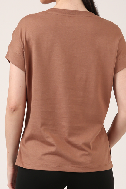 Side Slit V-Neck Cotton T-Shirt – Cocoa Brown