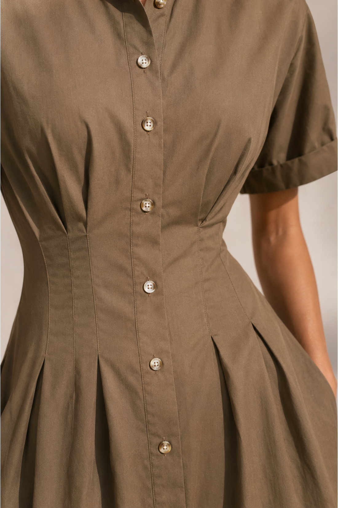 Elena Pleated Waist Midi Shirt Dress - Khaki Brown