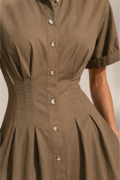 Elena Pleated Waist Midi Shirt Dress - Khaki Brown