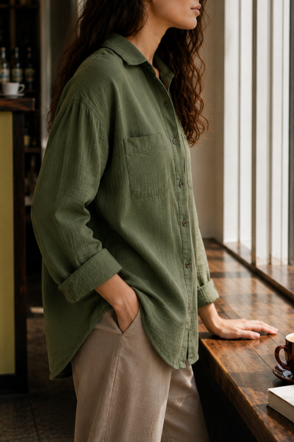 Bottle Green Cotton double cloth Crinkle Oversized Shirt