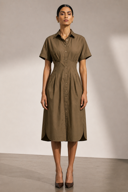 Elena Pleated Waist Midi Shirt Dress - Khaki Brown