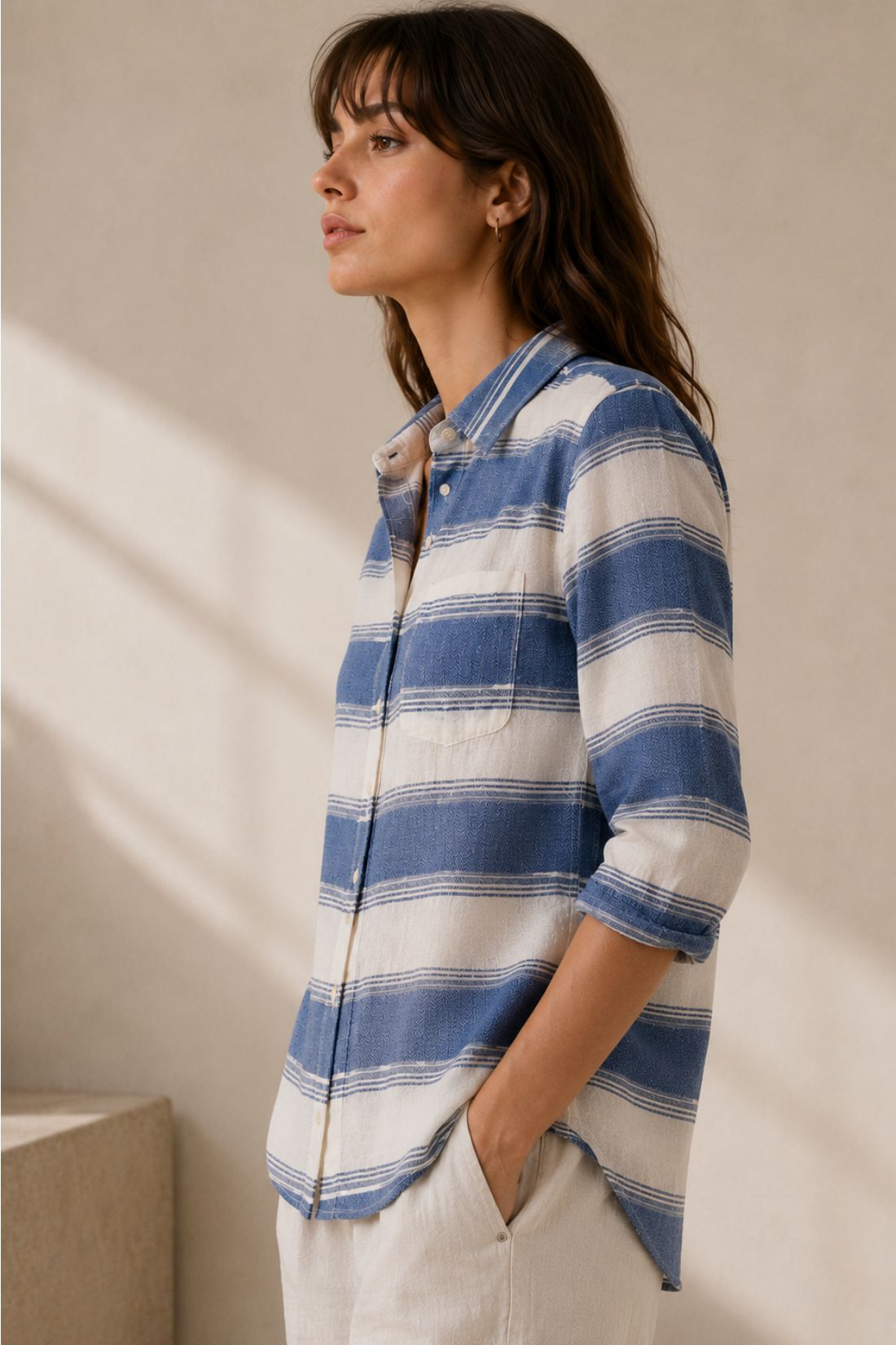 Jolene Marina Blue Striped Button Down Regular Fit Shirt