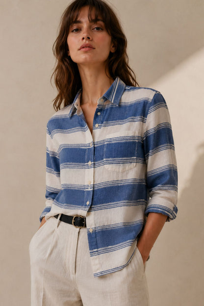 Jolene Marina Blue Striped Button Down Regular Fit Shirt
