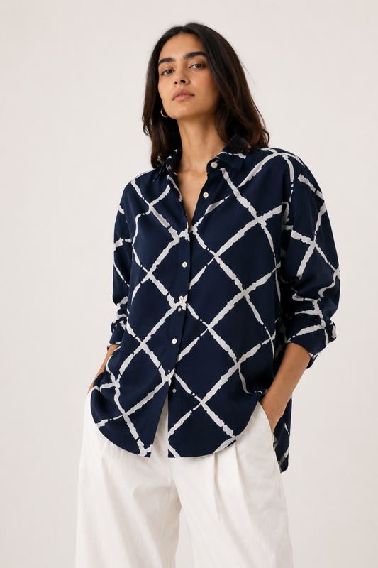 Viscose Abstract Printed Oversize Fit Neel Grid Shirt