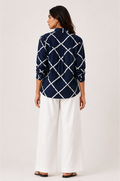 Viscose Abstract Printed Oversize Fit Neel Grid Shirt