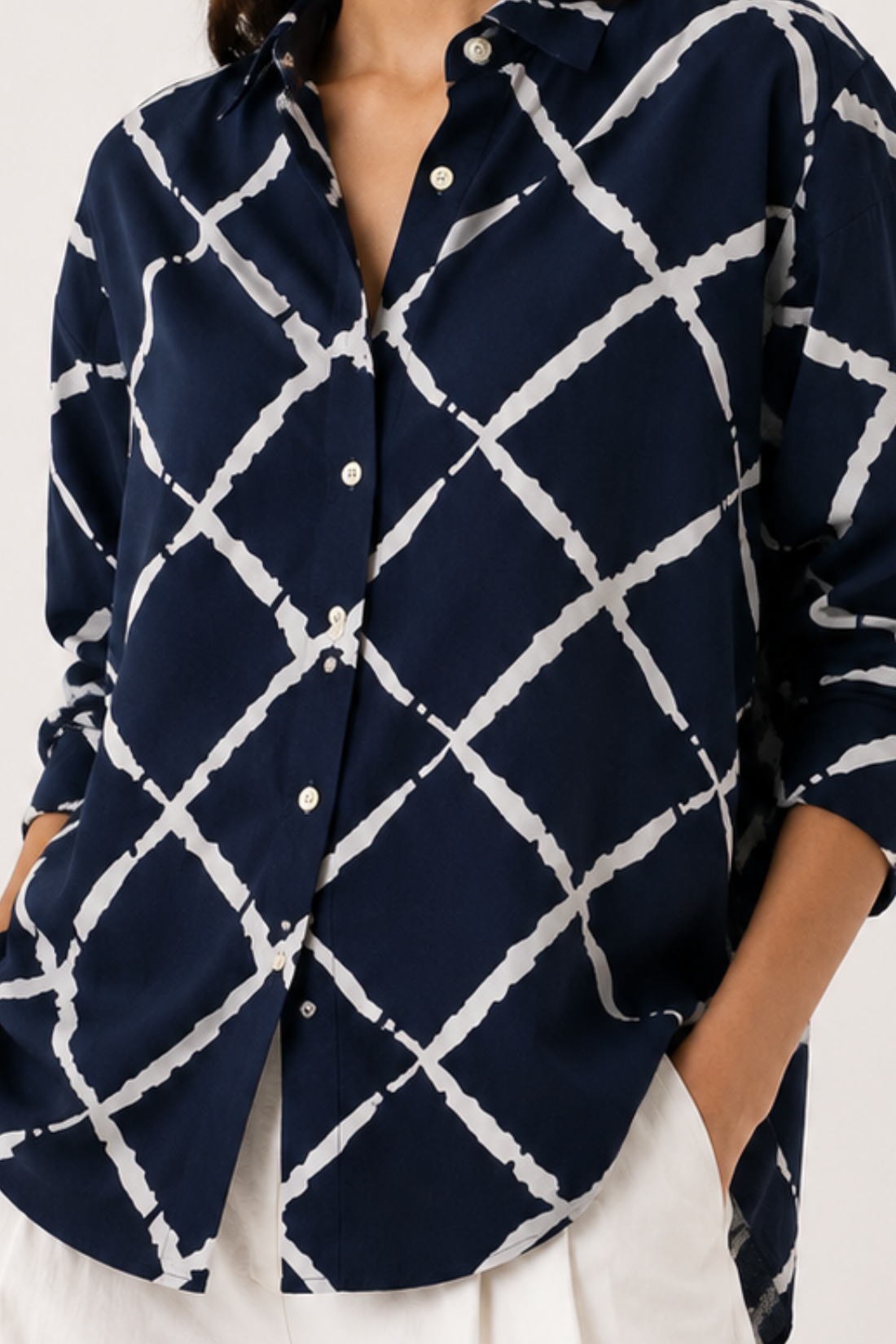Viscose Abstract Printed Oversize Fit Neel Grid Shirt