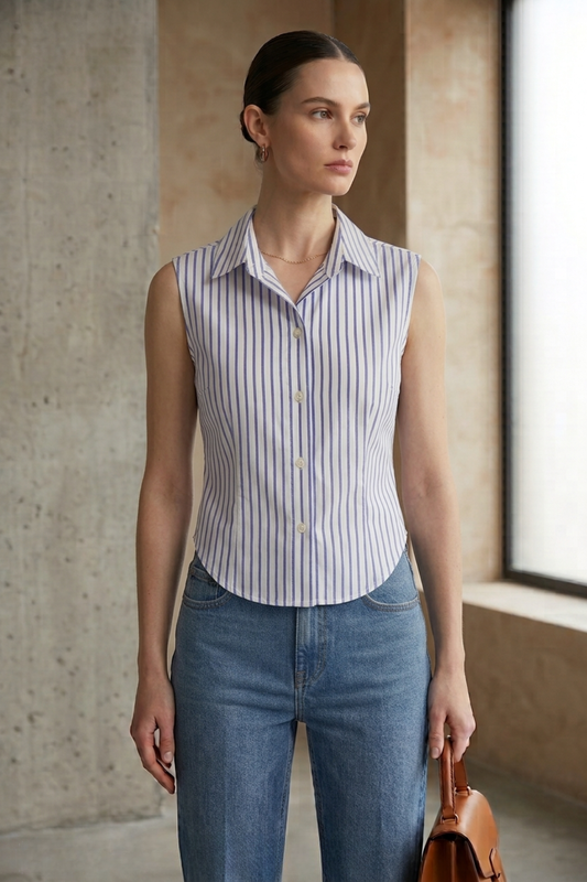 White Blue Stripe Sleeveless Shirt