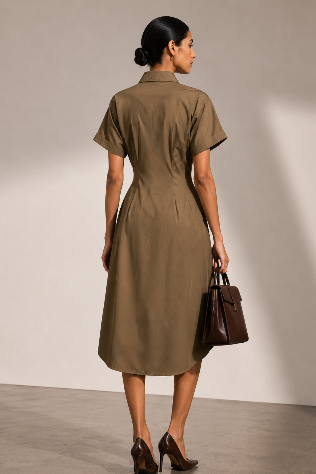 Elena Pleated Waist Midi Shirt Dress - Khaki Brown