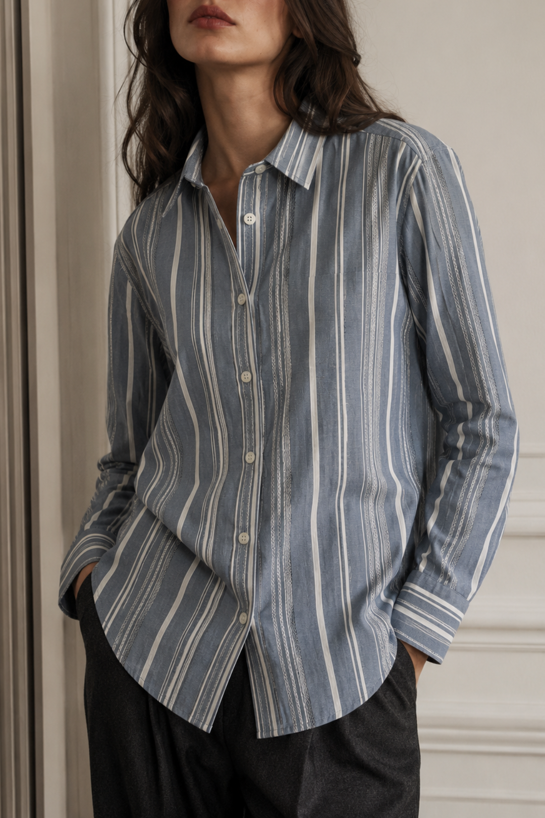 Grey Cotton Dobby Stripe Regular Fit Shirt