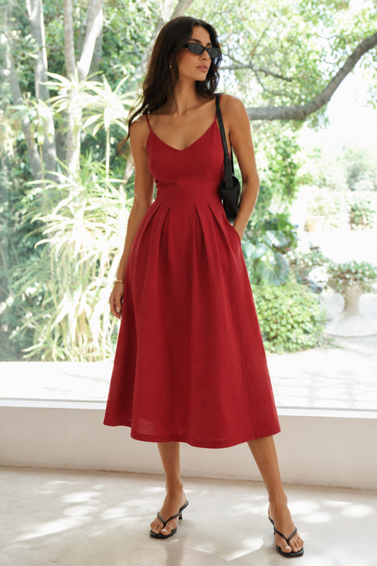 Mira Linen V-Neck Dress in Merlot