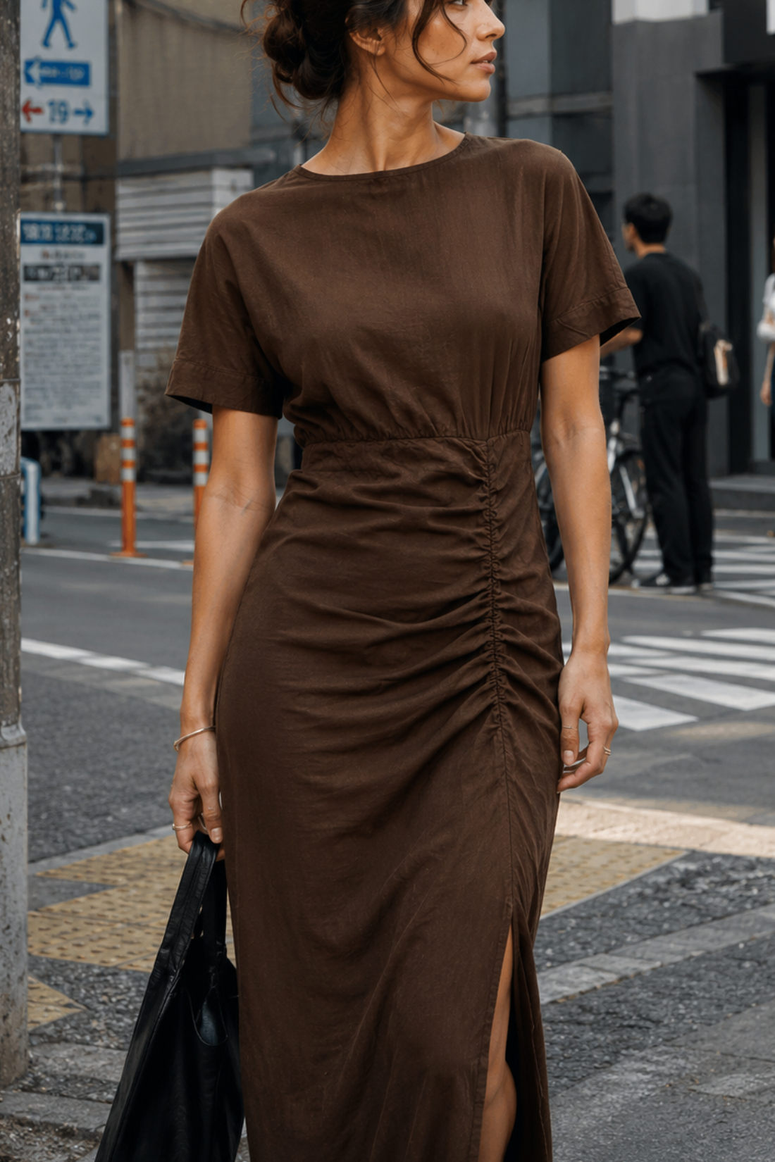 Cleo Linen Slit Dress in Espresso