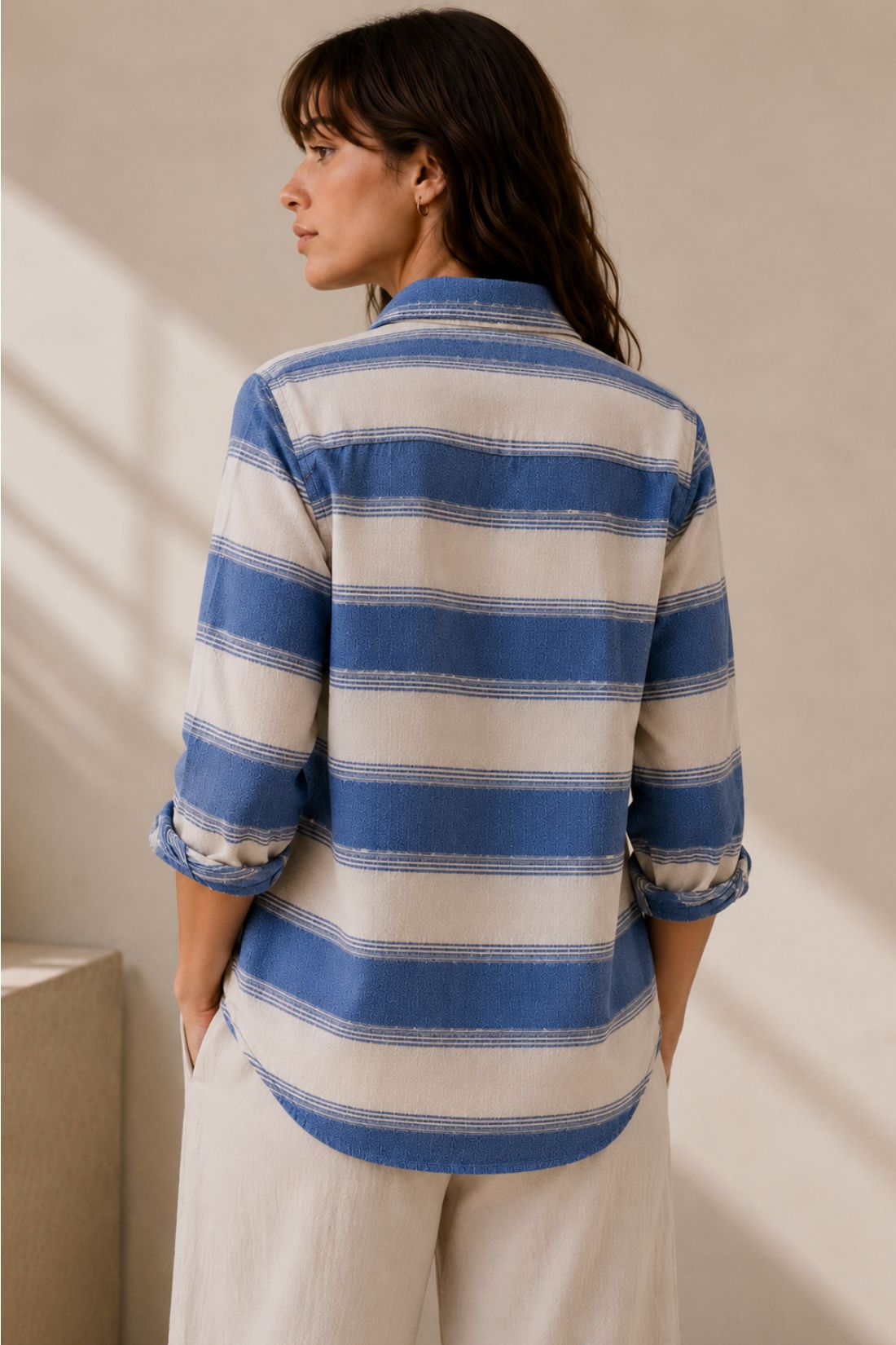 Jolene Marina Blue Striped Button Down Regular Fit Shirt