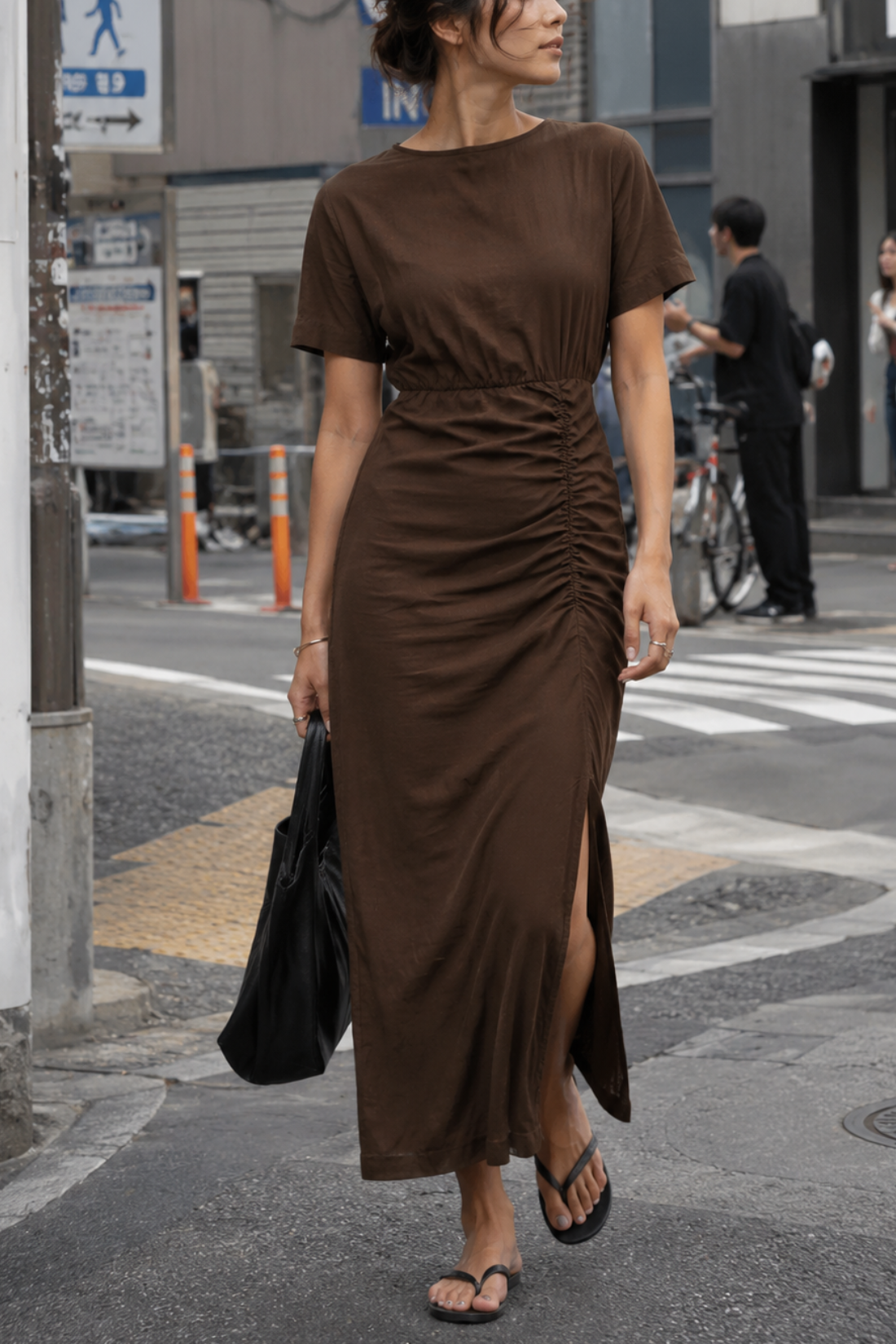 Cleo Linen Slit Dress in Espresso