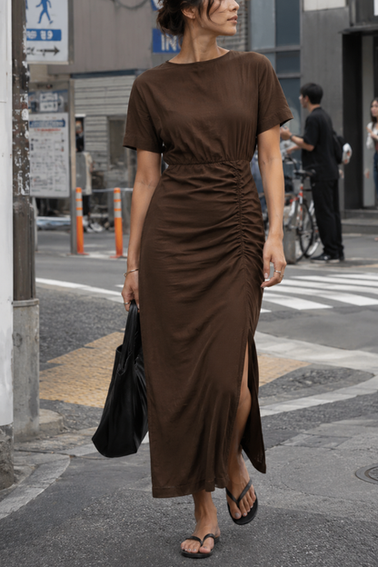 Cleo Linen Slit Dress in Espresso