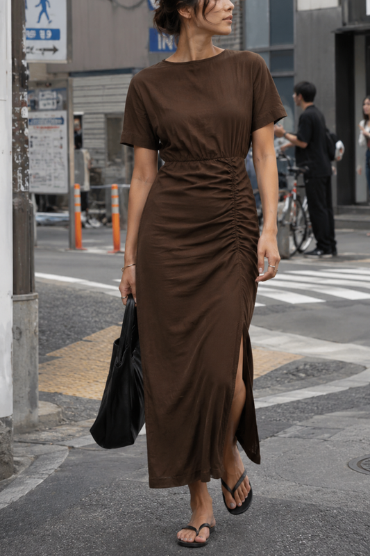 Cleo Linen Slit Dress in Espresso