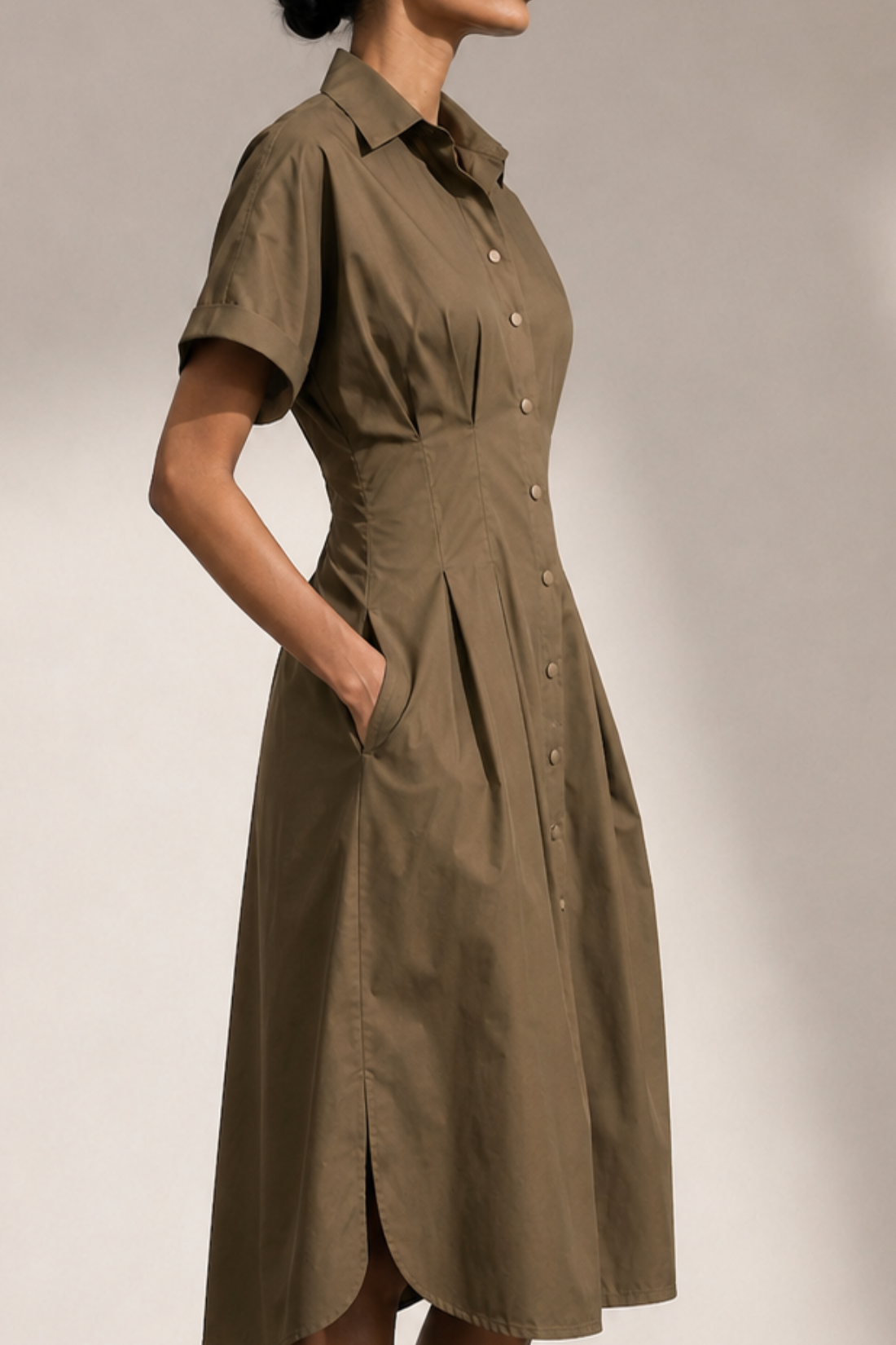 Elena Pleated Waist Midi Shirt Dress - Khaki Brown