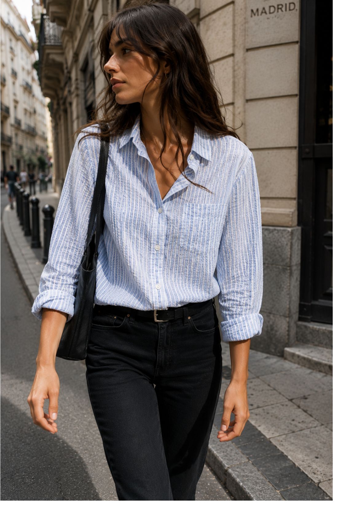 Jolene Woman Blue & White Seersucker Striped Shirt