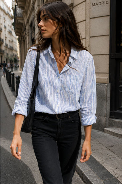 Jolene Woman Blue & White Seersucker Striped Shirt