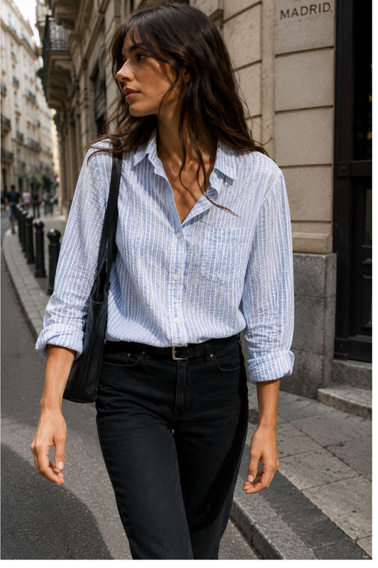 Jolene Woman Blue & White Seersucker Striped Shirt